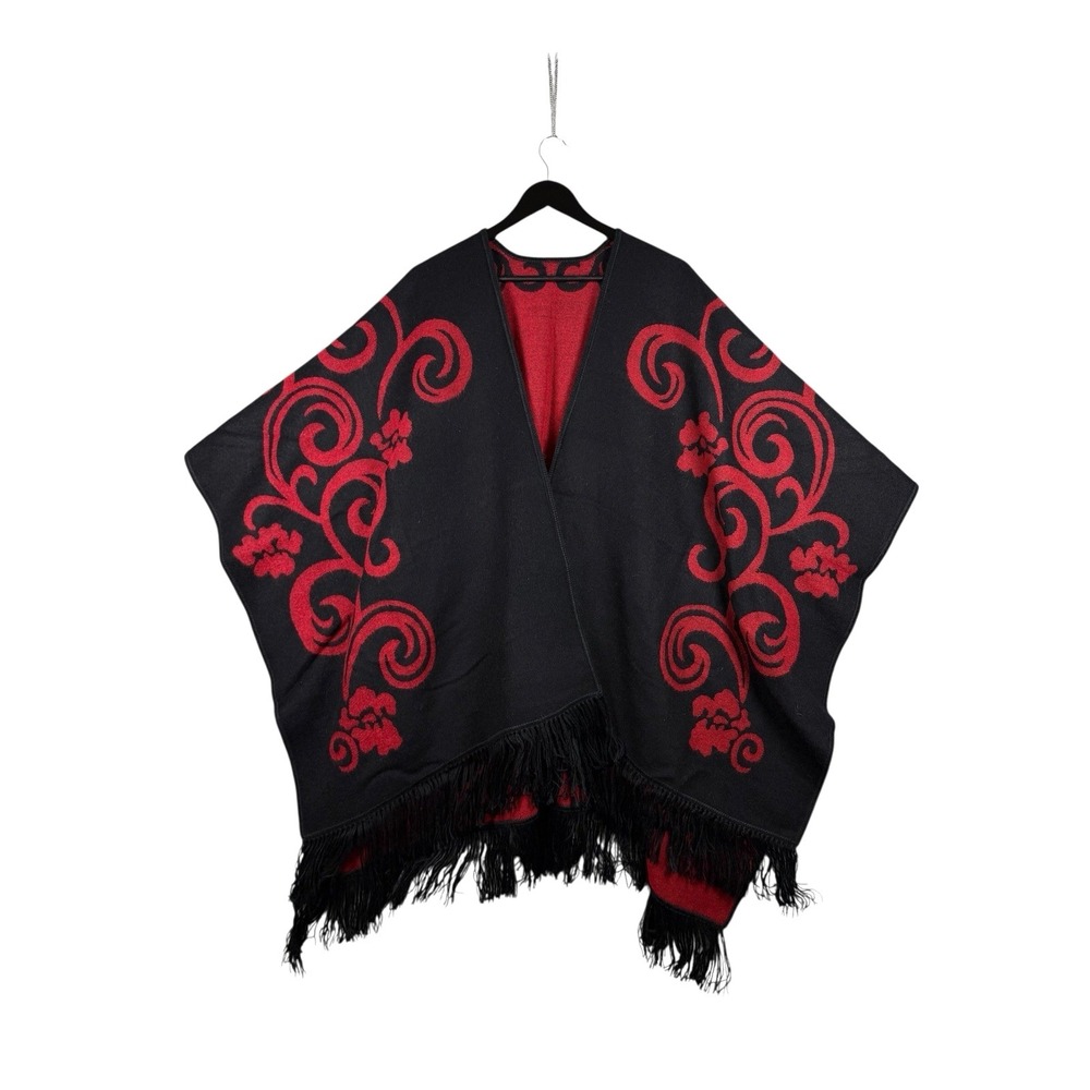 Ccahuantico Peruvian Alpaca Boho Black Red‎ Swirl Print Cape Poncho w Fringe OS